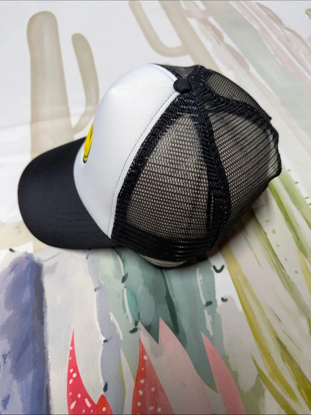 Black & White Trucker Hat with Yellow Smiley embroidery unisex